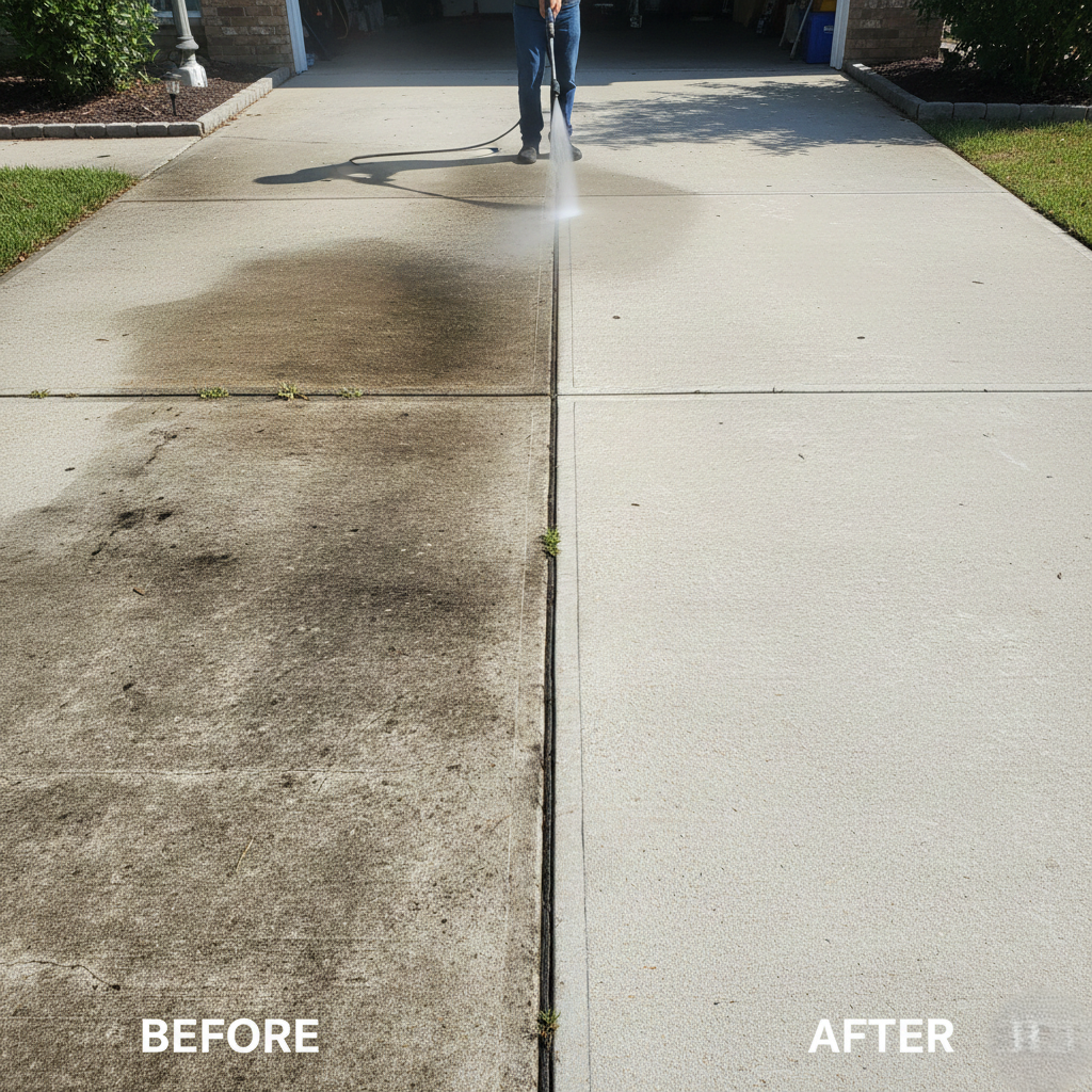 Before and after driveway pressure washing comparison.