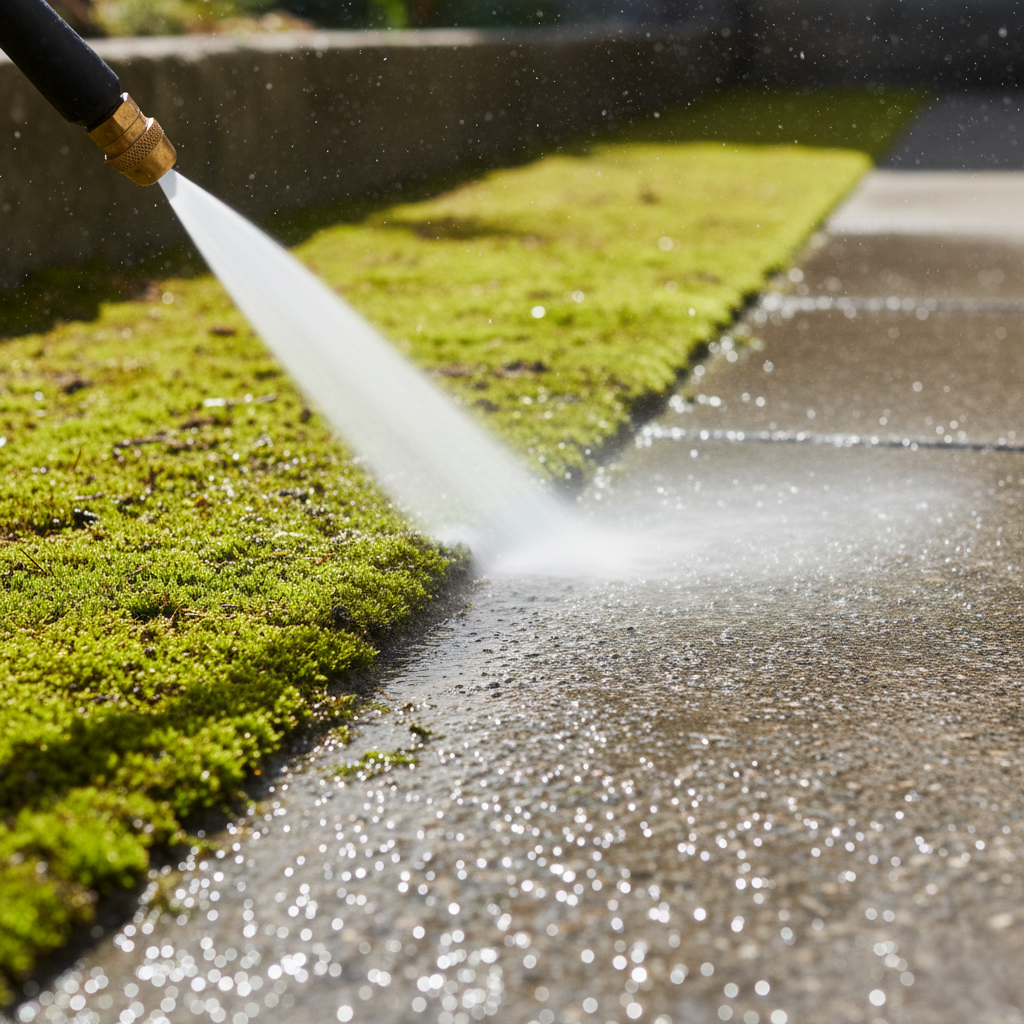 Close up of moss covered walkway being pressure washed.
