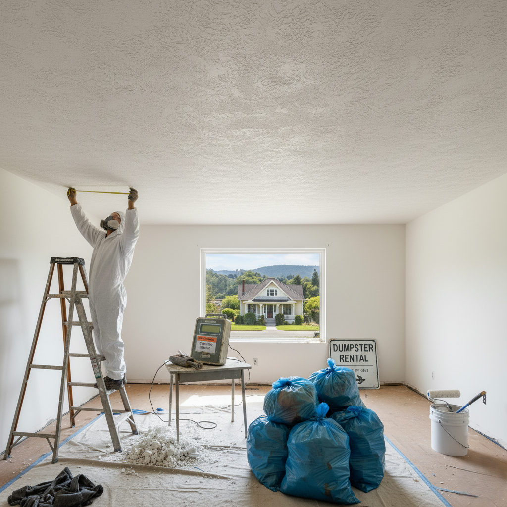 Contractor measuring a ceiling in a Petaluma home with tape measure and safety gear.