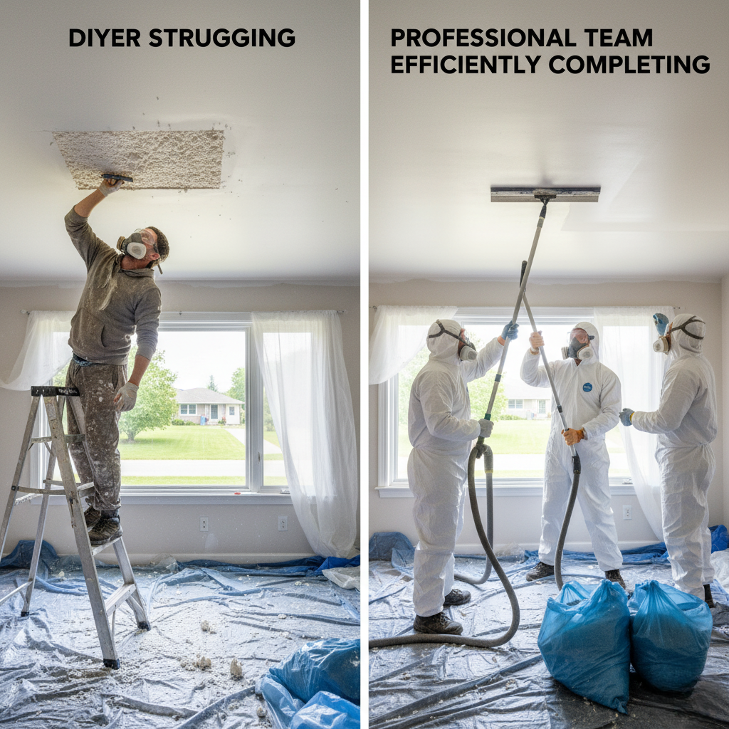 DIYer struggling vs. a professional team completing popcorn celing removal efficiently.