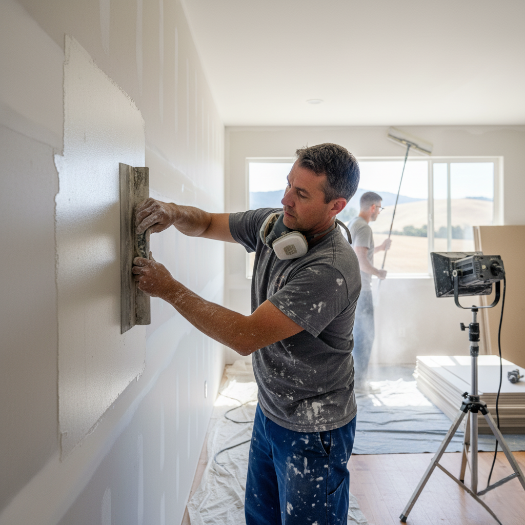 Professional applying mud or sanding drywall.