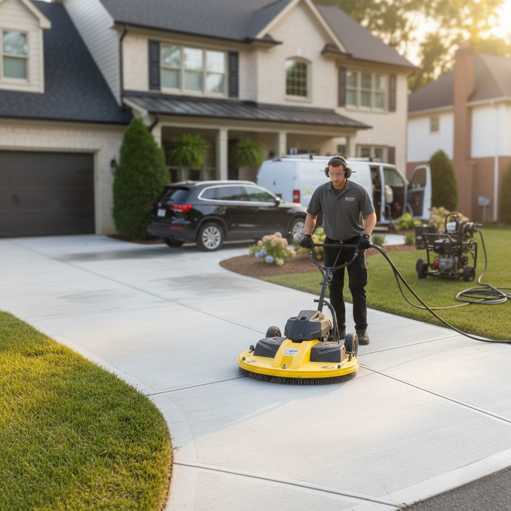 Technician completing driveway cleaning with commercial grade equipment