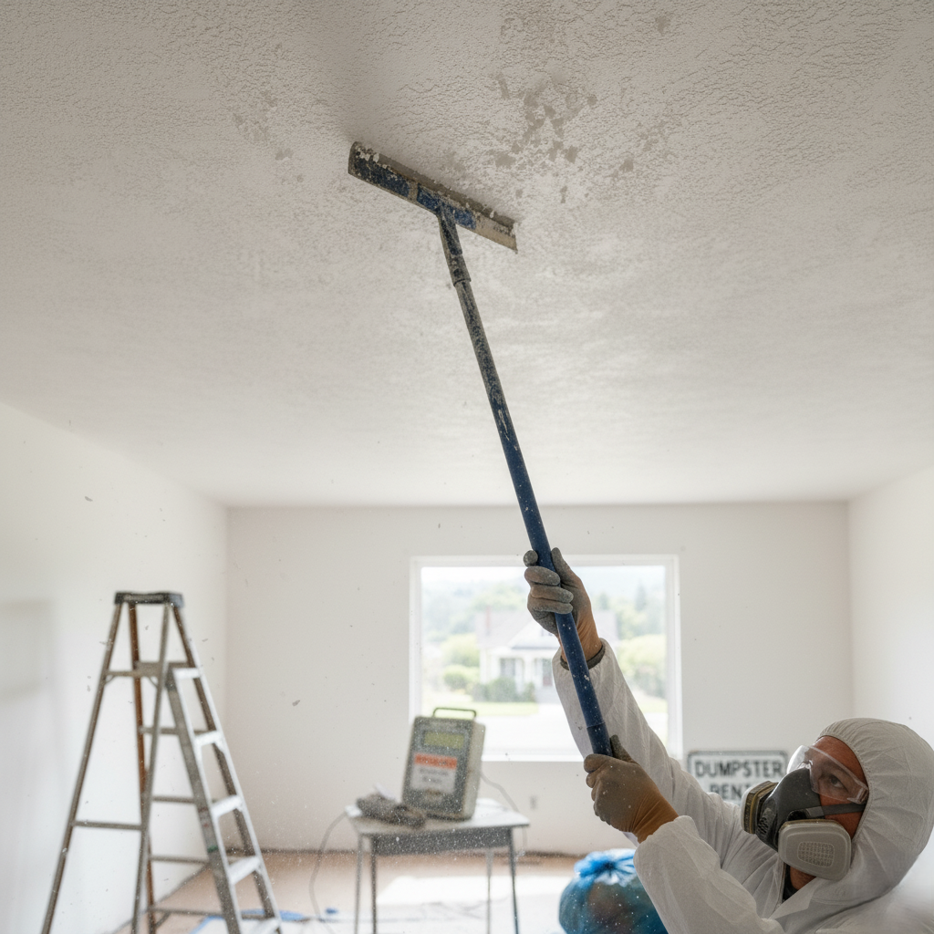 contractor scraping a painted popcorn ceiling.
