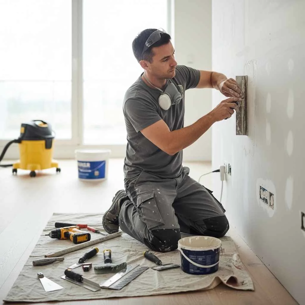 professional repairing drywall with tools