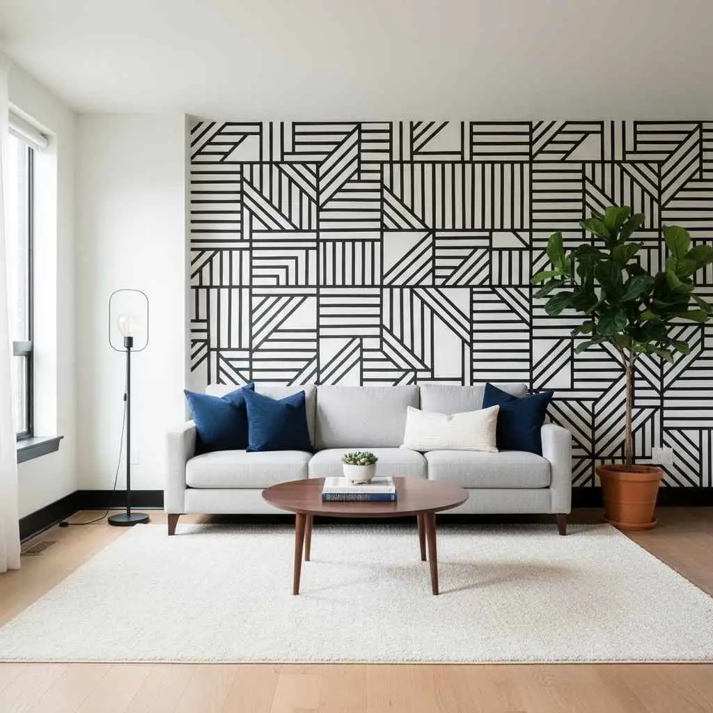A stylish living room with a bold accent wall behind the sofa.