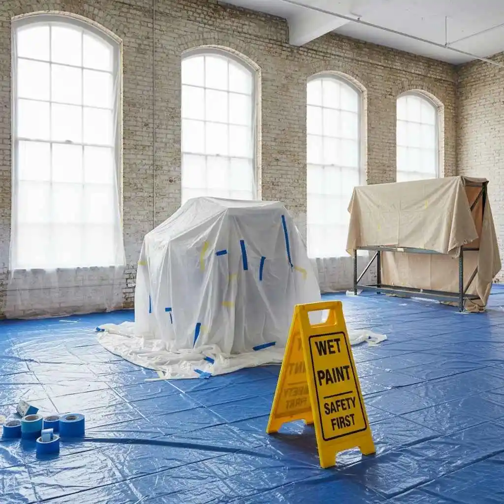 Commercial space with equipment fully protected before painting
