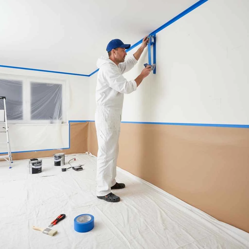 Professional painter preparing and taping a wall before finishing.