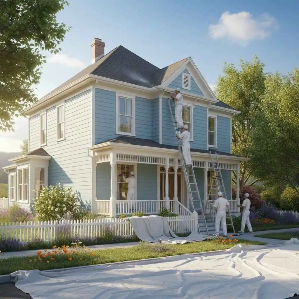 Professional preparing a home exterior before painting