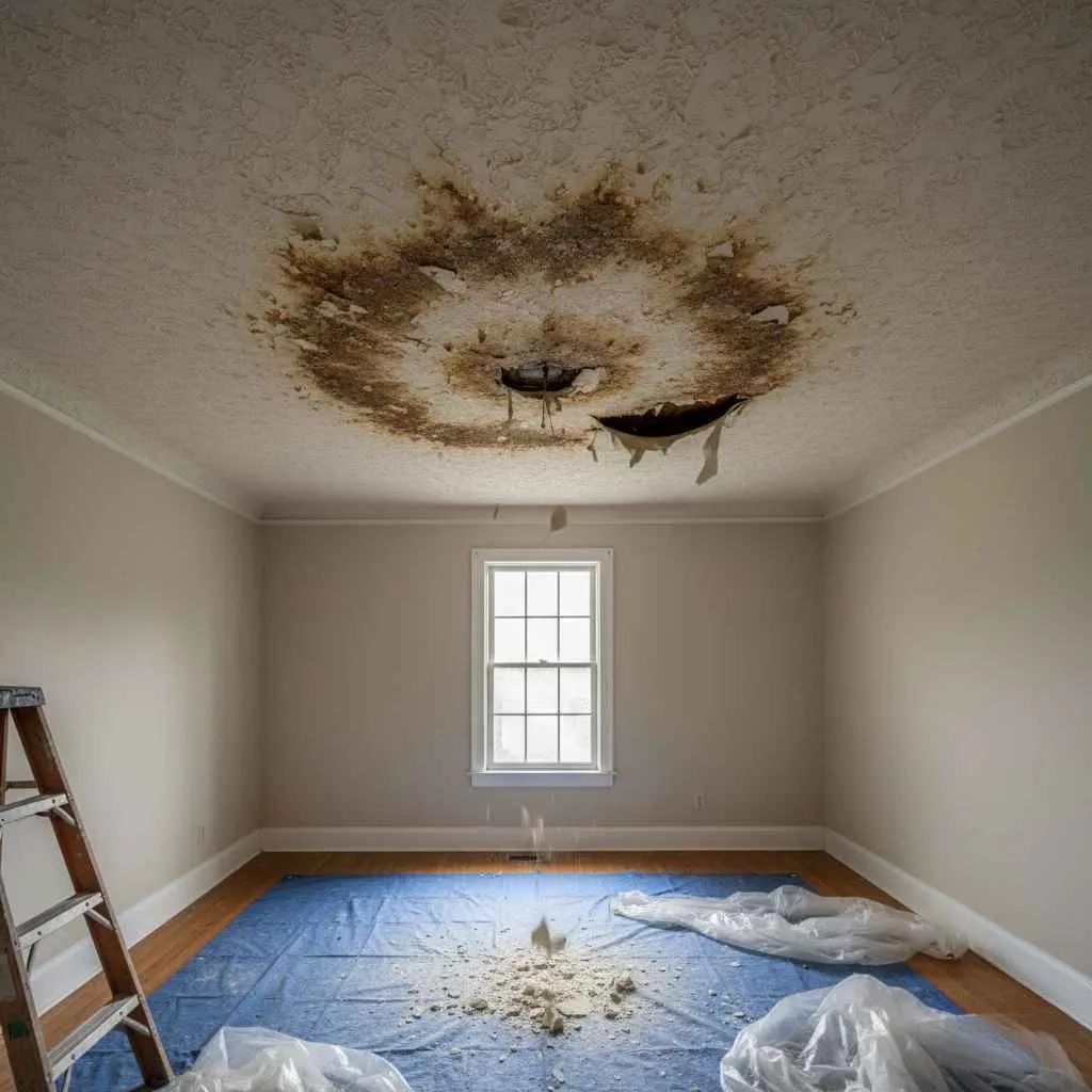 ceiling with visible water stains before repainting