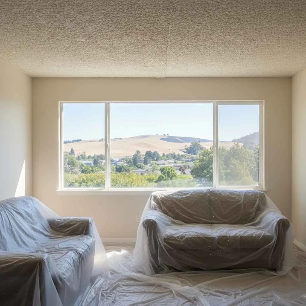 Room with popcorn ceiling before removal