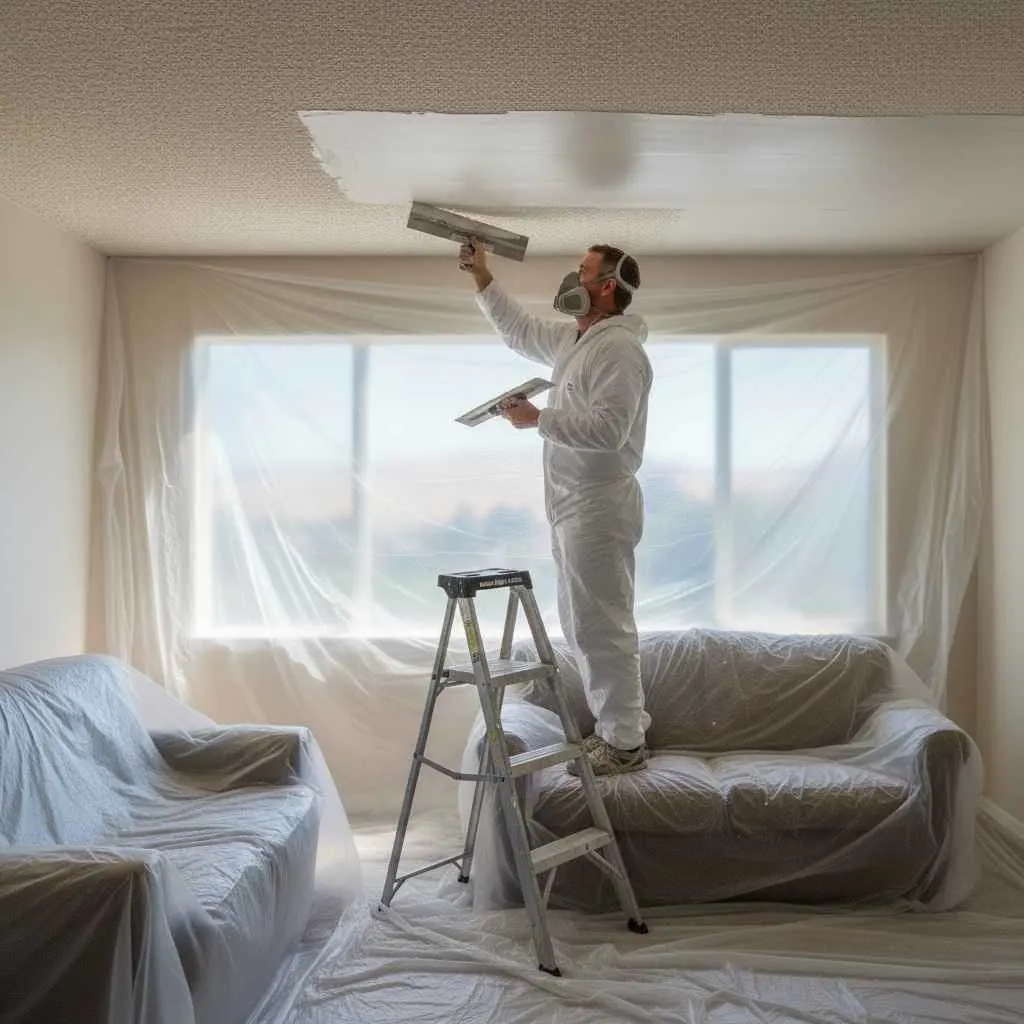 Technician skim coating ceiling