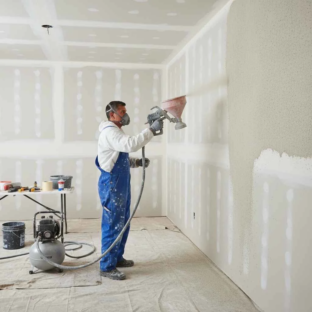 drywall contractor applying texture to wall
