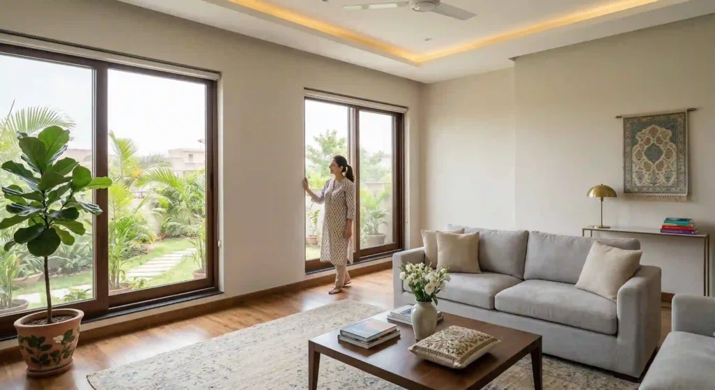 bright living room with freshly painted neutral colored walls.
