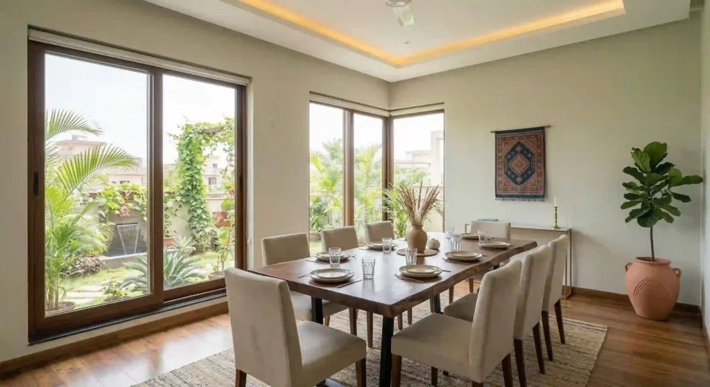 freshly painted dining room with natural lighting.