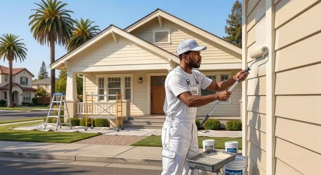professional painter rolling exterior house siding with meticulous care