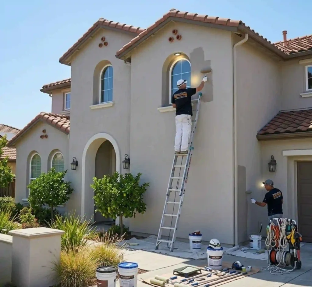 painters applying exterior paint during early morning hours on a Rohnert Park home.