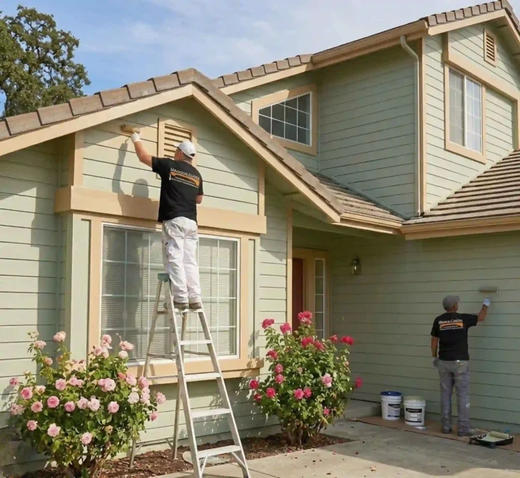 professional painters working on a home exterior during mild weather conditions in Rohnert Park.