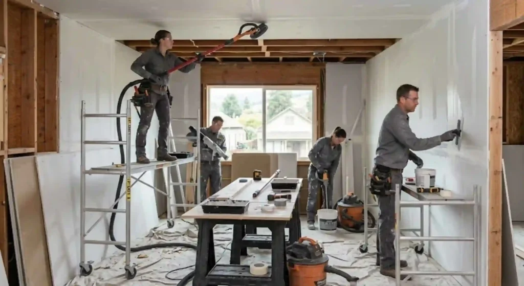 Professional drywall installation team working on a Petaluma home renovation