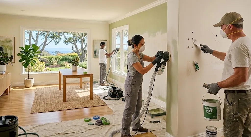 California residential painting team preparing walls for low VOC eco friendly paint