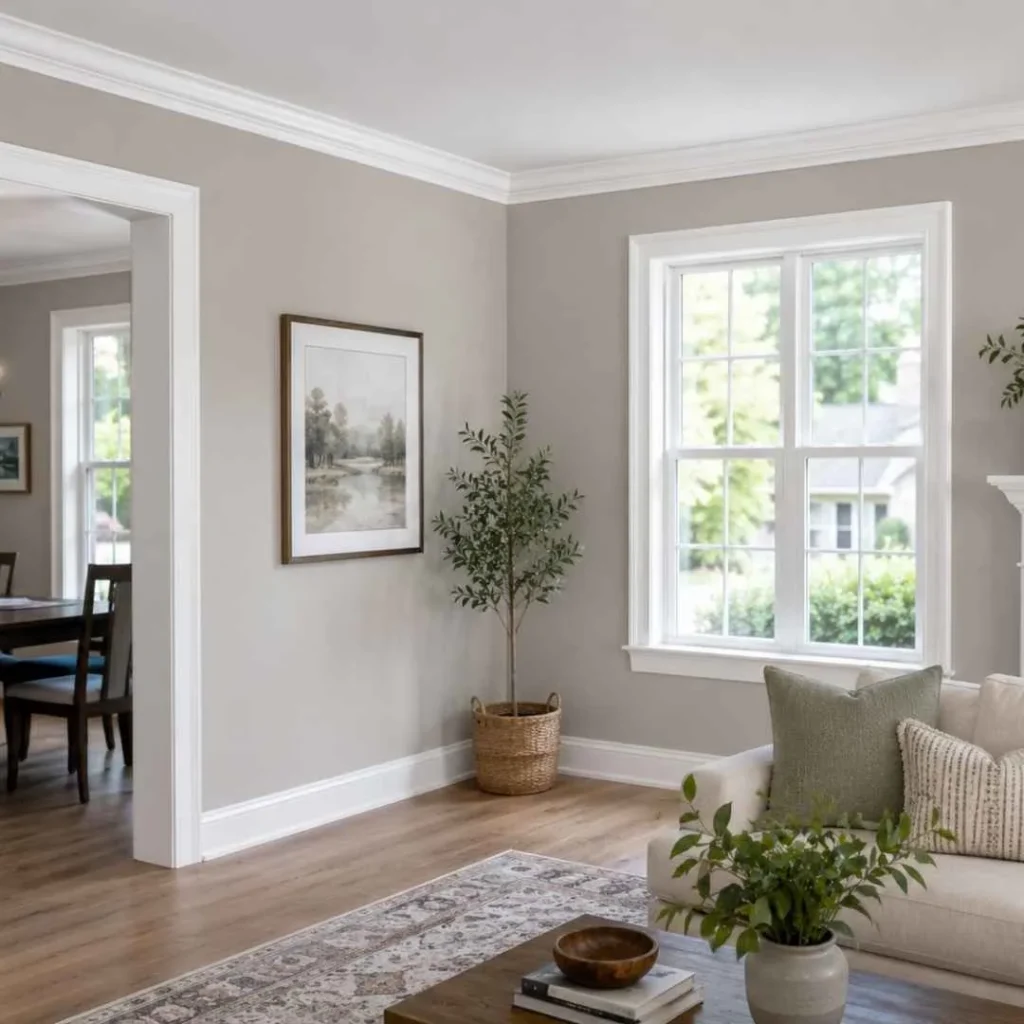Freshly painted white crown molding and baseboards in a Petaluma living room