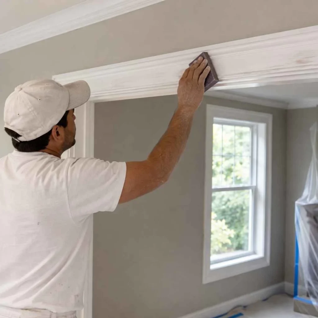 Painter sanding and preparing interior trim before painting in Petaluma