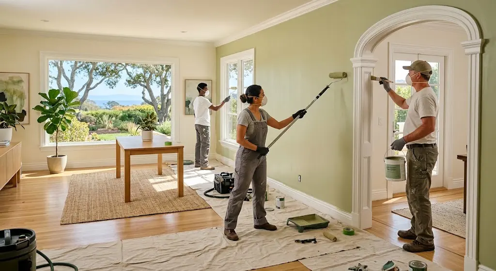 Professional painters applying eco friendly paint inside a California home