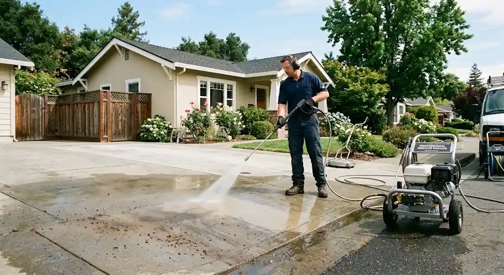 Professional pressure washing equipment being used on a Petaluma residential driveway