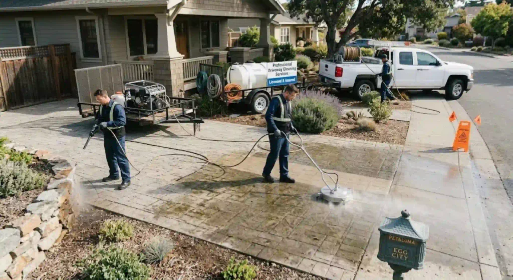 Professional pressure washing services cleaning a Petaluma driveway