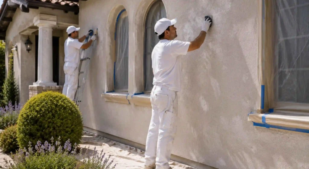 Professional stucco painting preparation at a Petaluma CA home