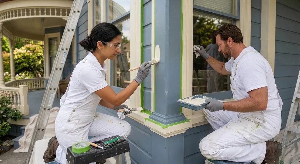 Professional painter preparing and painting interior walls in a Petaluma home