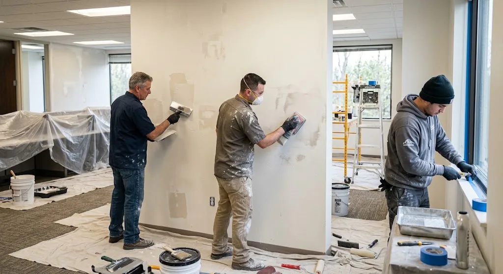 Professional painters preparing Petaluma office walls for a commercial paint project