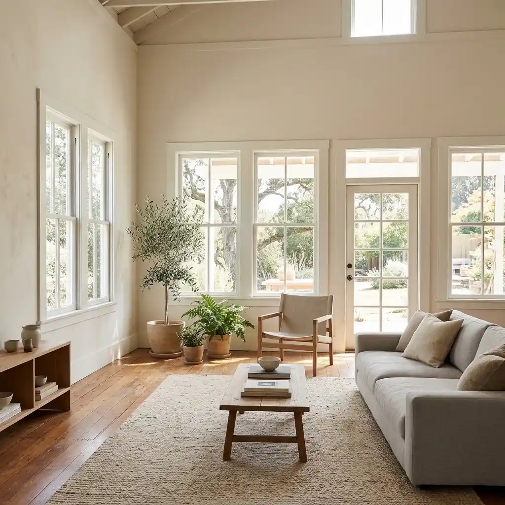 Living room with eco conscious eggshell paint on interior walls in a Petaluma, California, home.