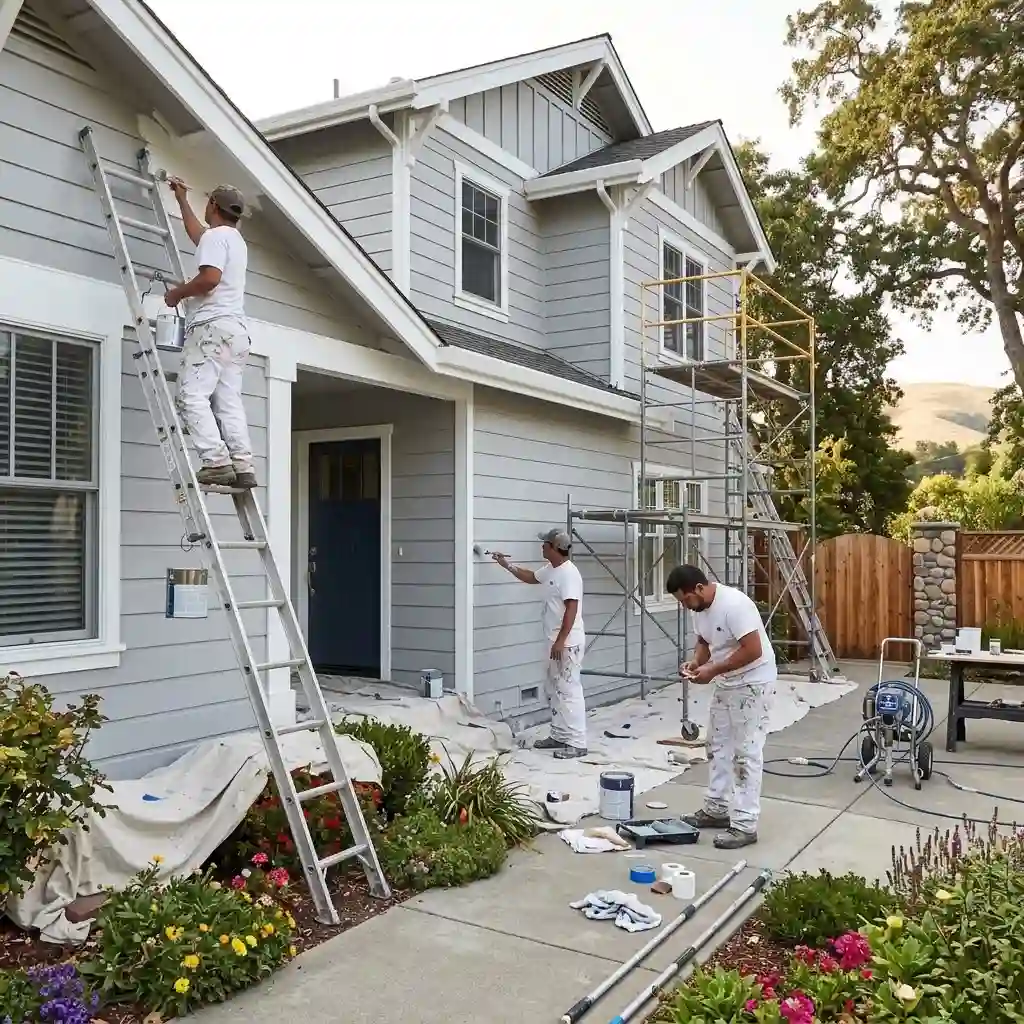 Professional exterior painters preparing and applying paint to a Petaluma CA home