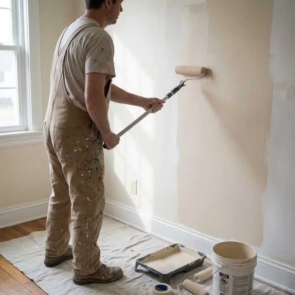 Professional interior painter applying low VOC eggshell paint to a prepared wall in a Petaluma home.