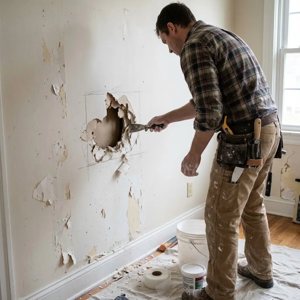 Professional preparing a damaged drywall surface for patching in a Petaluma, CA, home.
