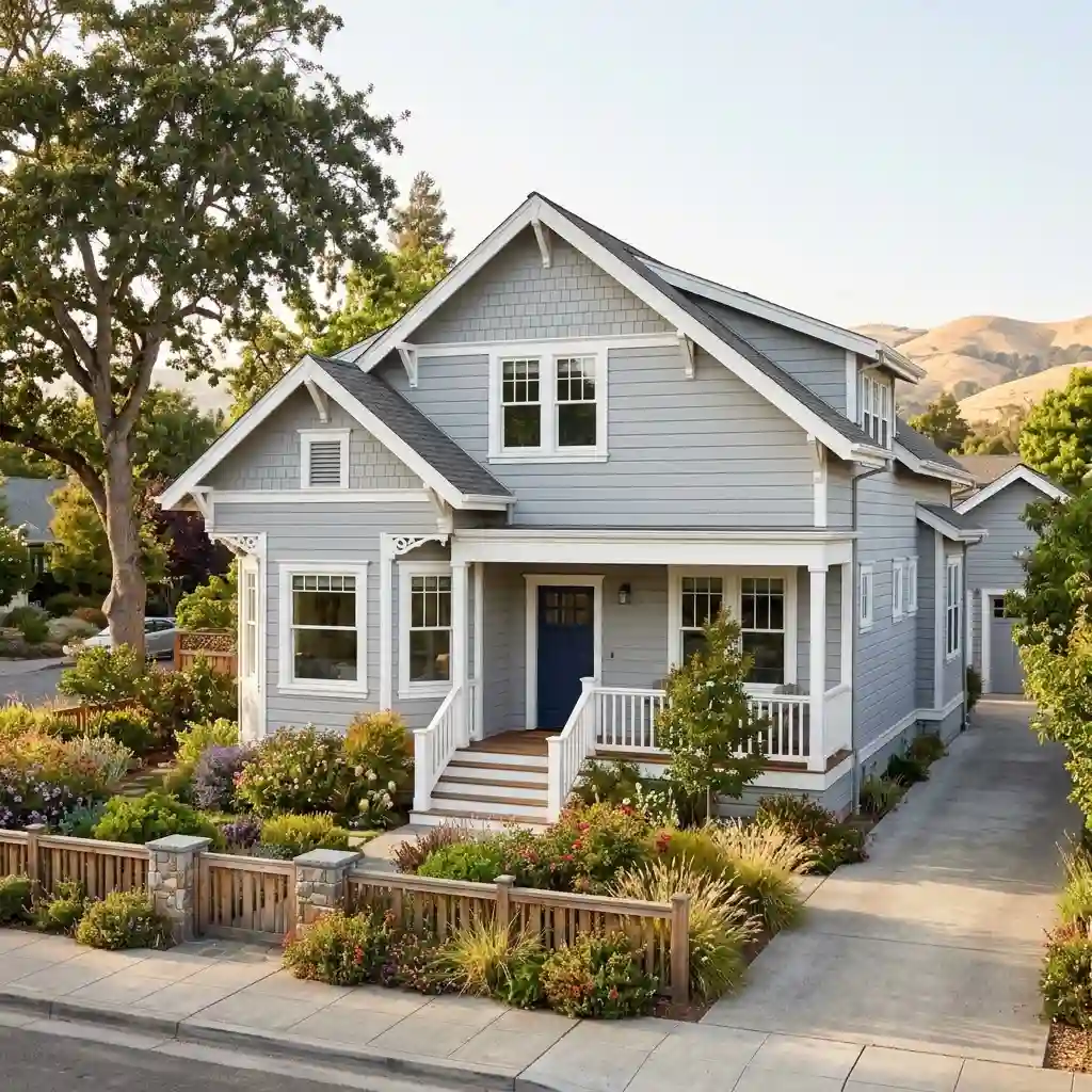 Soft gray exterior paint with white trim on a Petaluma California home